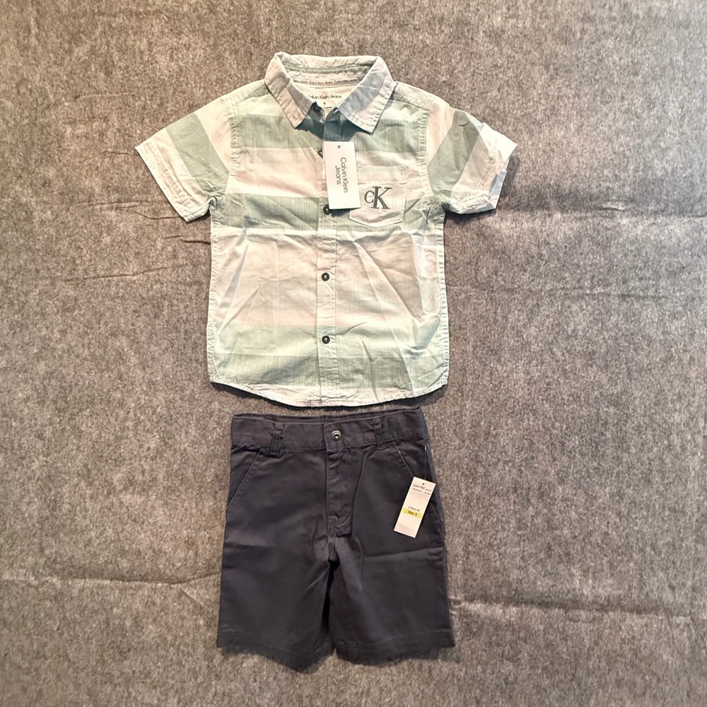 Calvin Klein Jeans Boys 2 Piece Set 4 Green White Striped Shirt Grey Shorts NWT